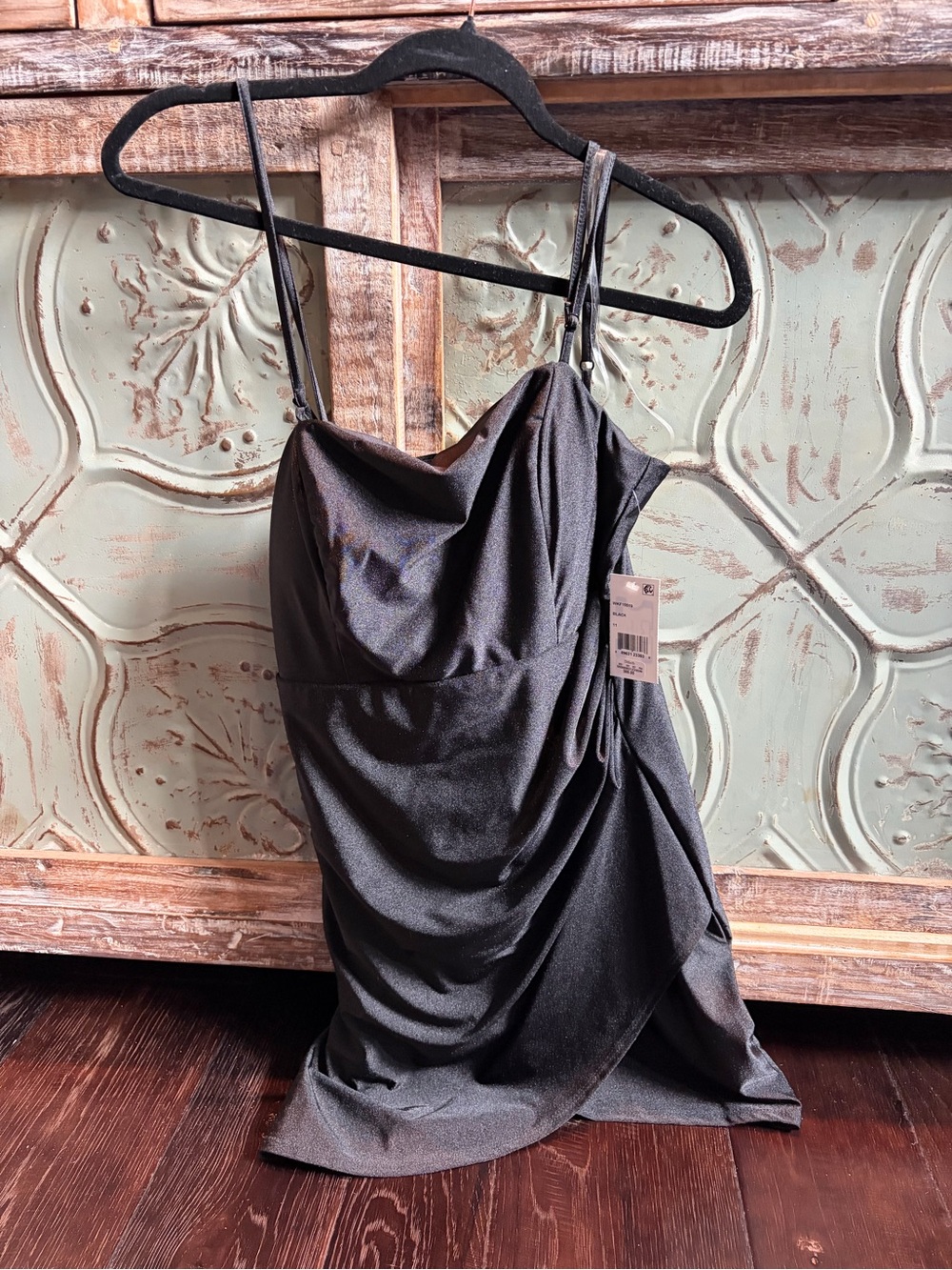 Midnight Doll Juniors Elegant Black Draped Slip Dress with Cowl Neck